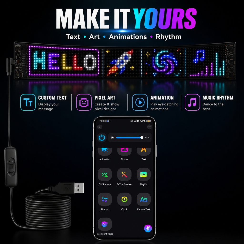 Bluetooth app customization for text, pixel art, animations, and music rhythm effects