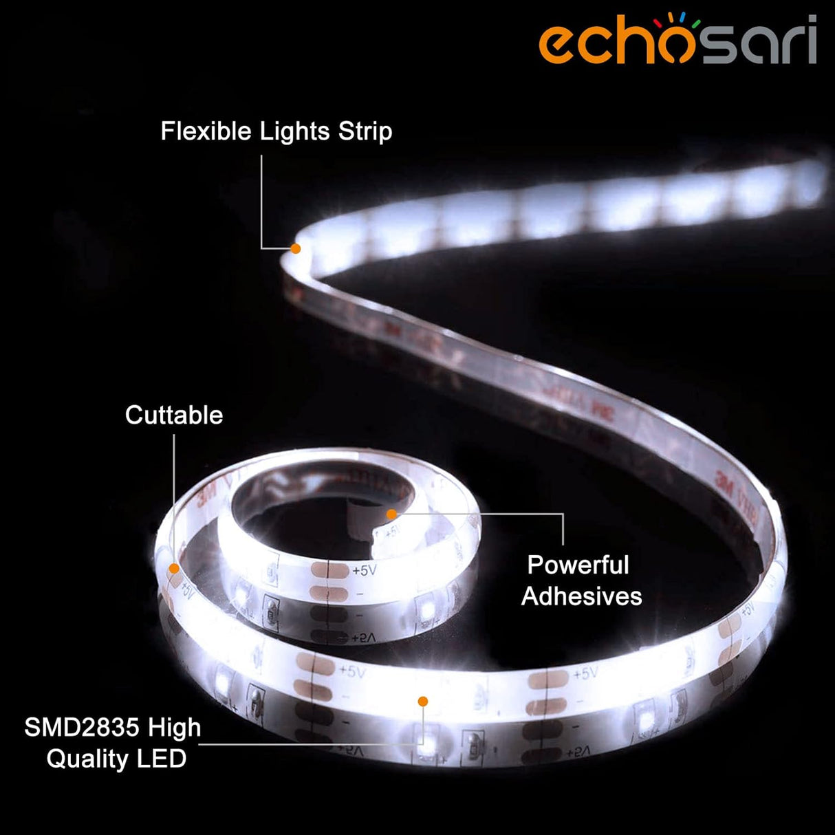 echosari Battery Powered Led Strip Lights 16.5ft 150Led(Cool White)