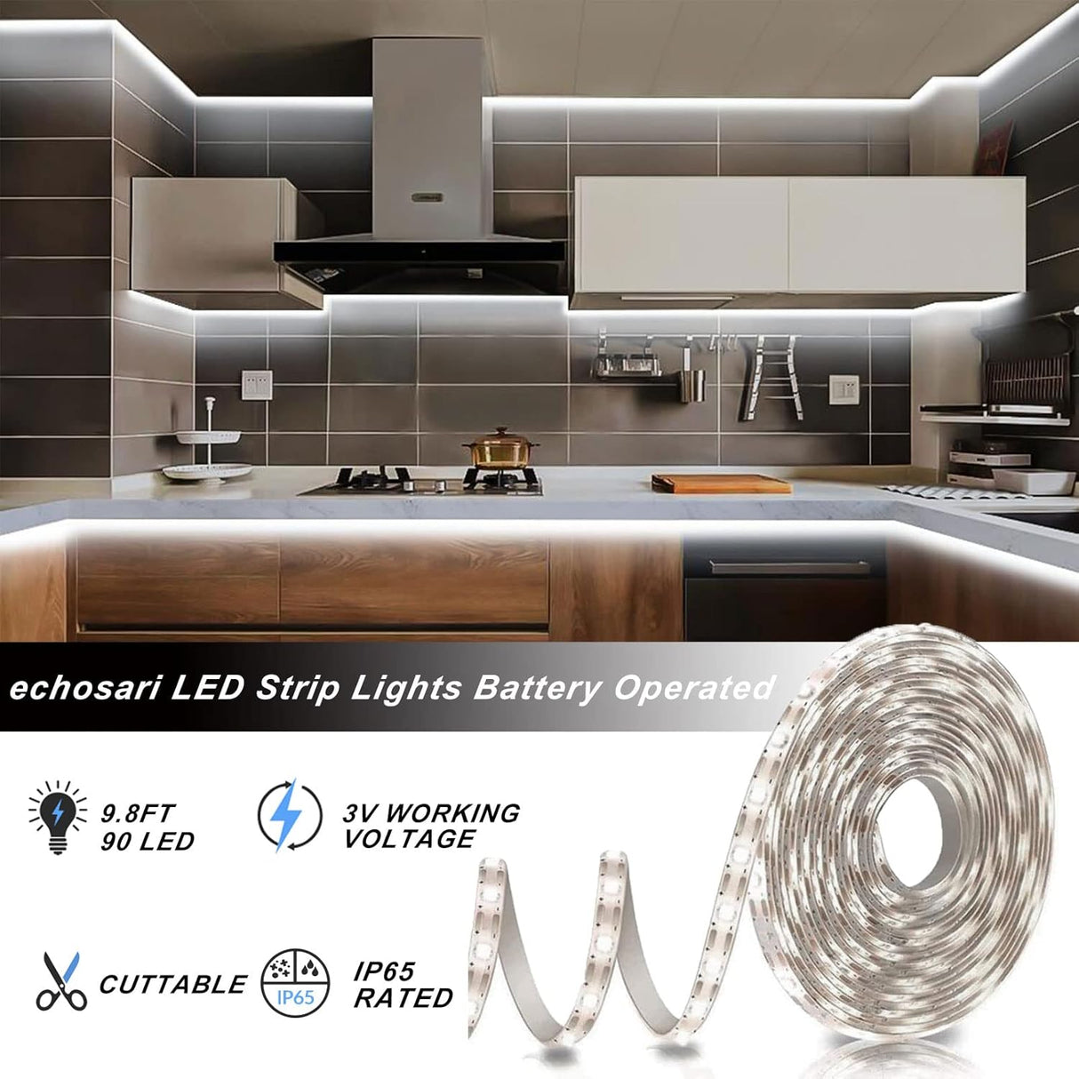 echosari Battery Powered Led Strip Lights 16.5ft 150Led(Cool White)