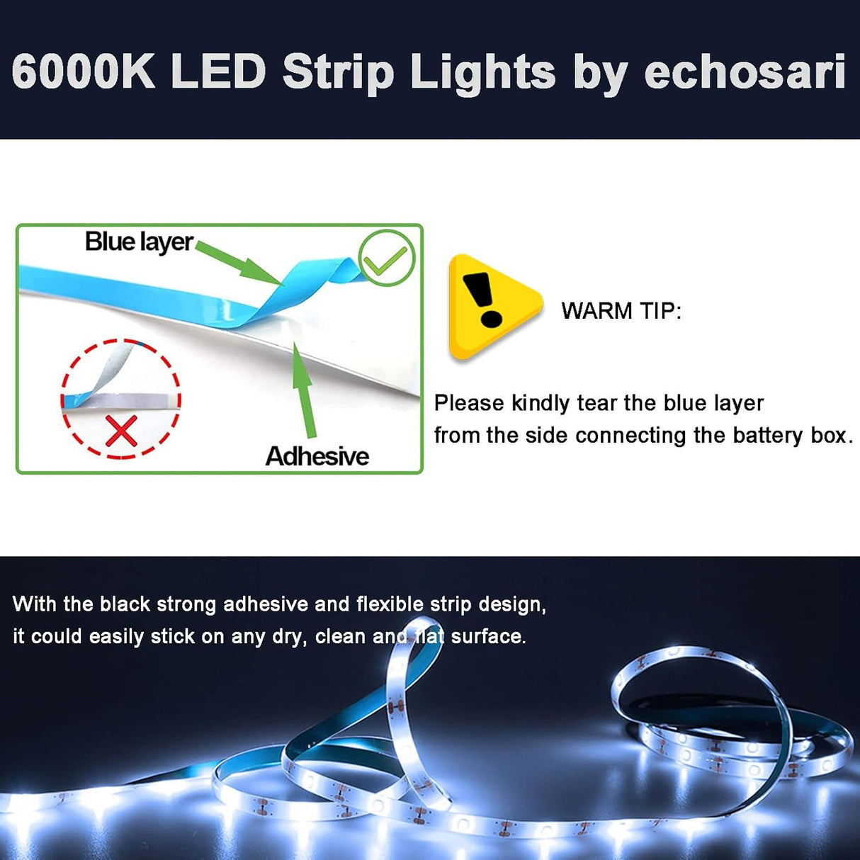 echosari Battery Powered Led Strip Lights 16.5ft 150Led(Cool White)