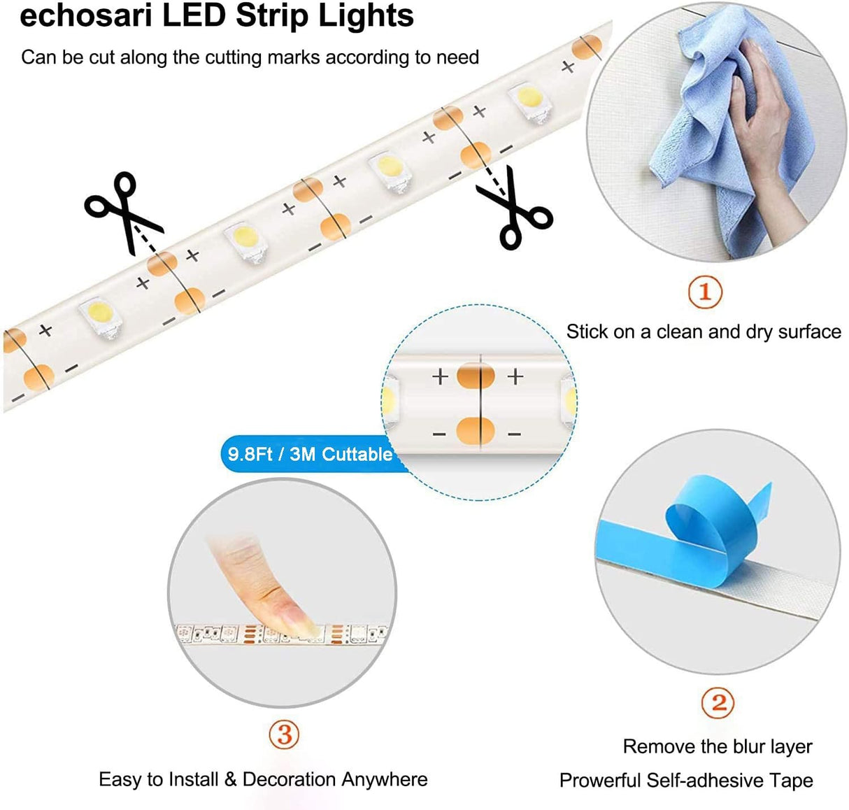echosari Battery Powered Led Strip Lights 16.5ft 150Led(Cool White)