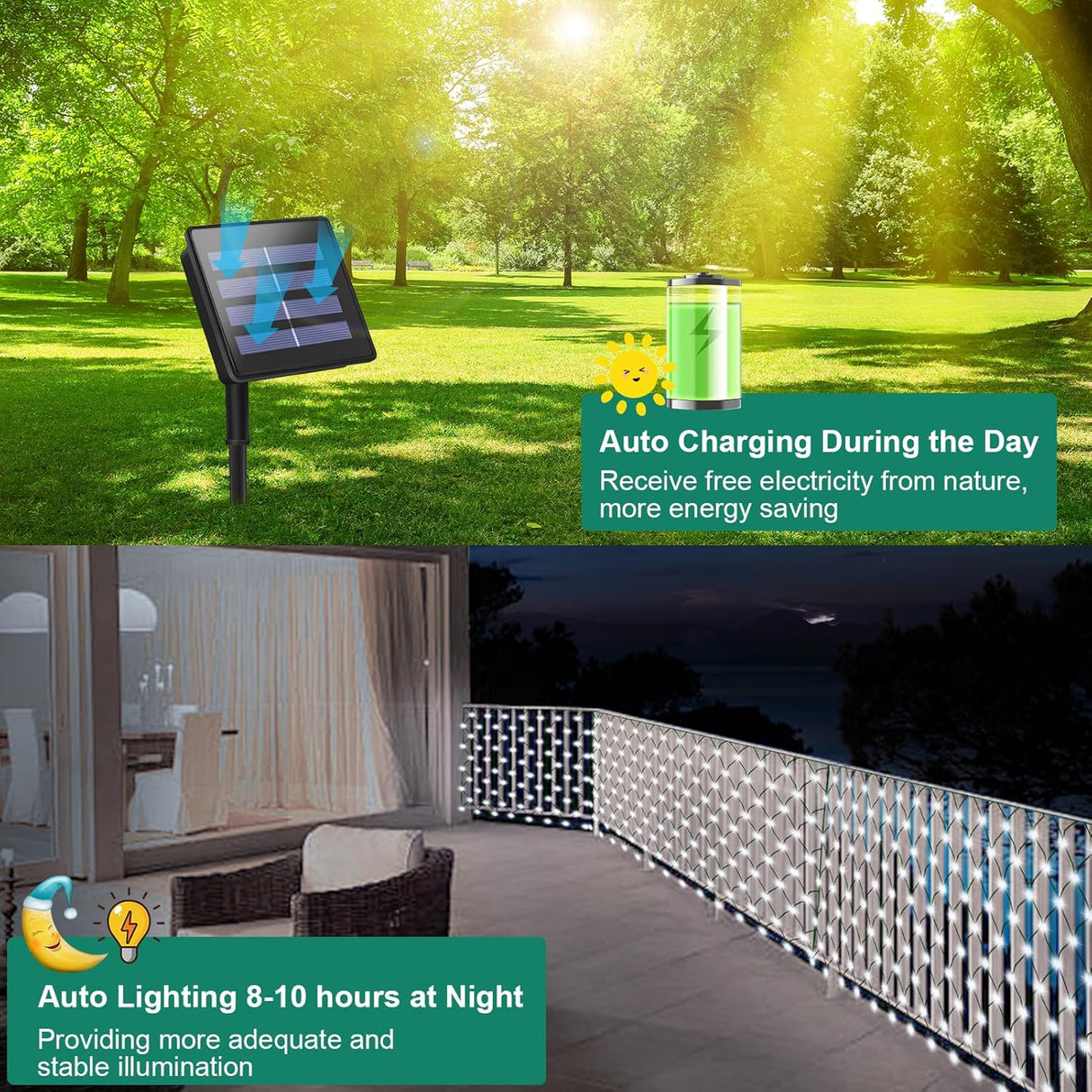 echosari 200 LED 9.8Ft x 6.6Ft Solar Powered Net Lights(Cool White)