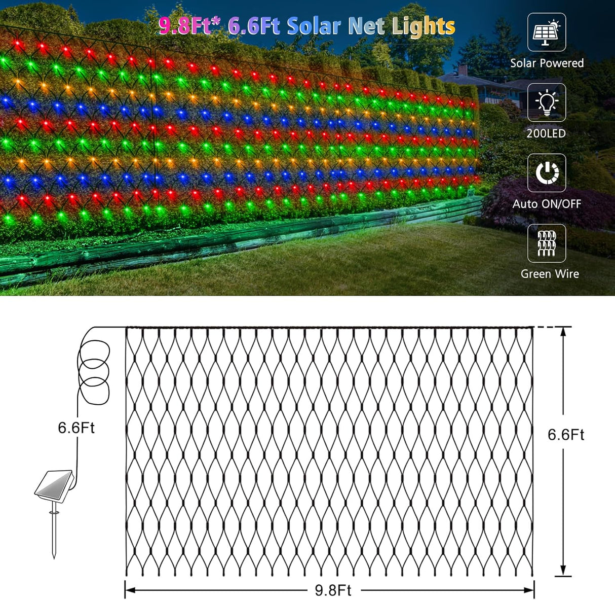 echosari 200 LED 9.8ft x 6.6ft Solar Powered Net Lights(Multicolor)