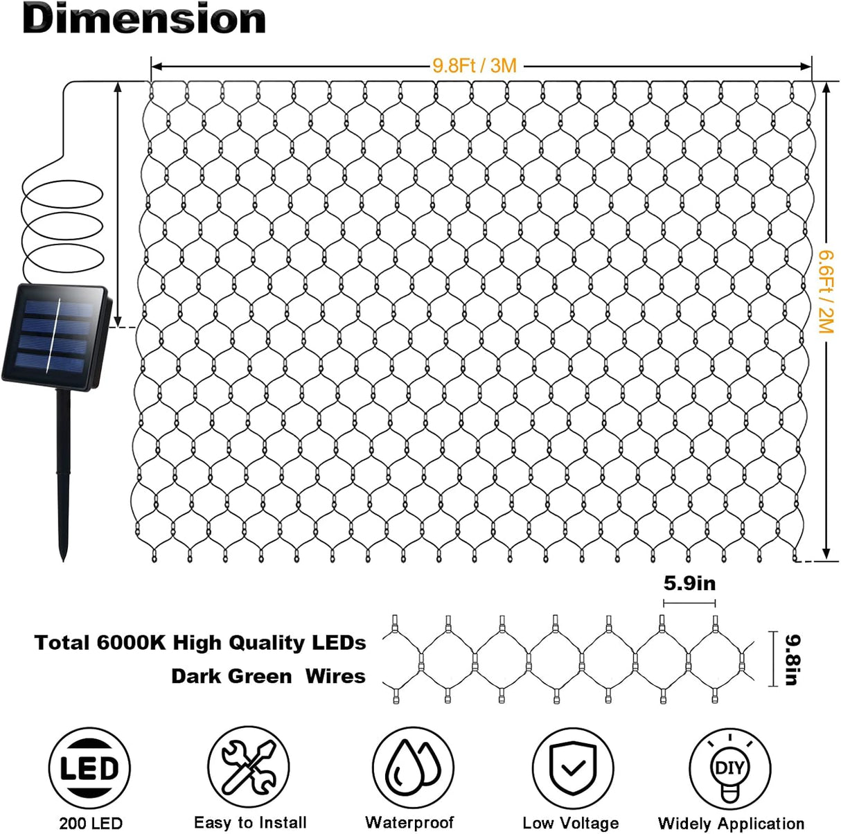 echosari 200 LED 9.8Ft x 6.6Ft Solar Powered Net Lights(Cool White)