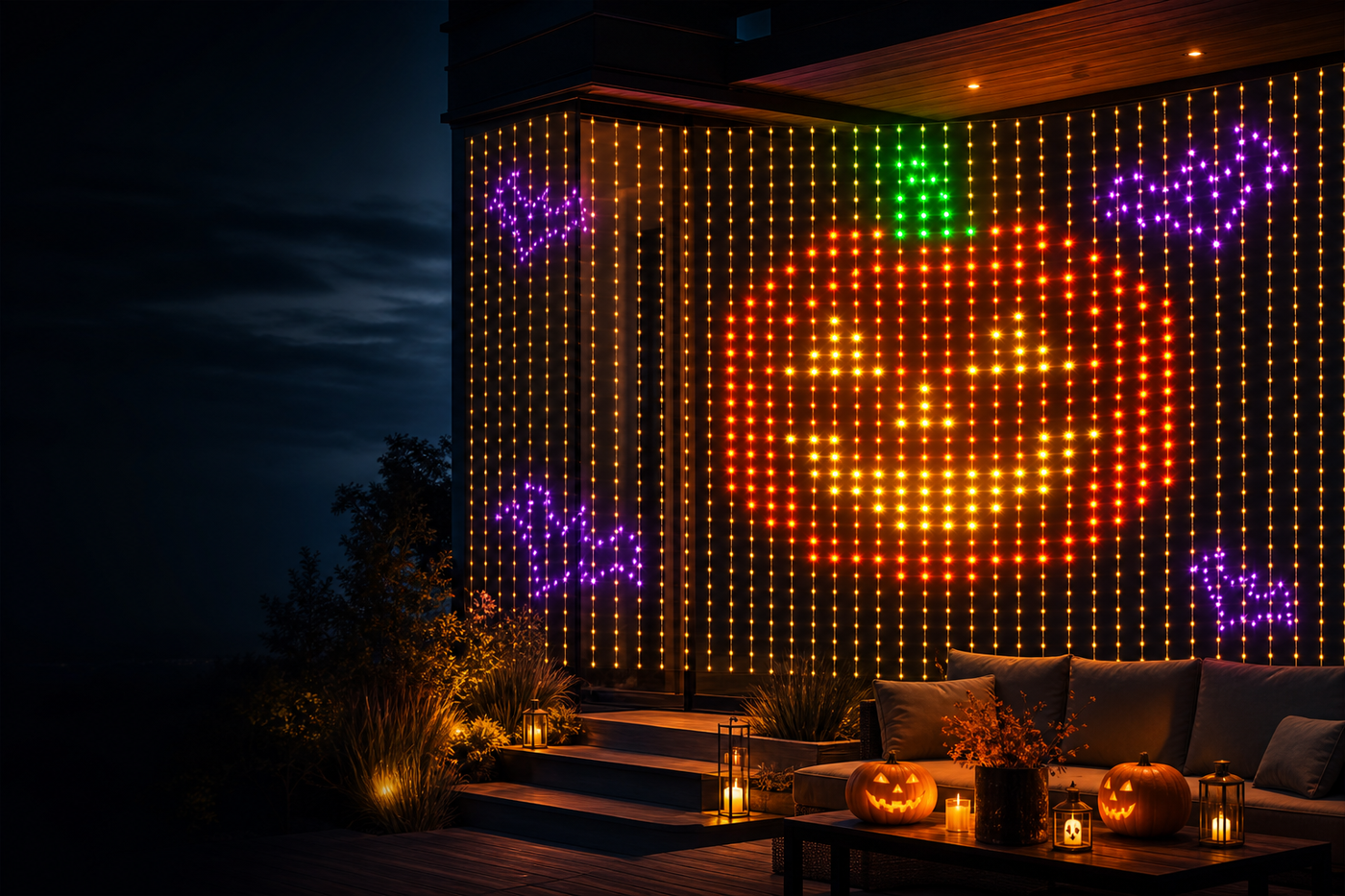 Smart curtain lights displaying a Halloween pumpkin and bat pattern on a modern patio