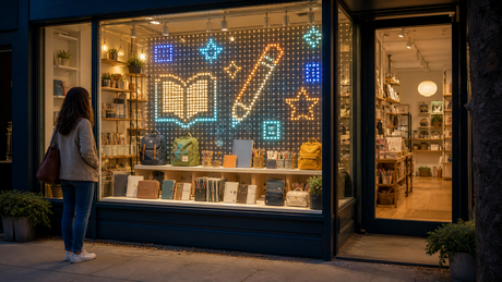 Independent stationery shop window with back-to-school merchandise and abstract book and pencil curtain-light patterns