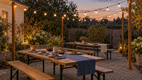 Illustrative autumn patio with communal tables and warm globe string lights overhead