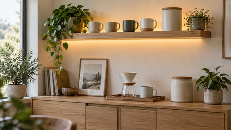 Illustrative home coffee corner with a softly lit mug shelf and clear dry countertop