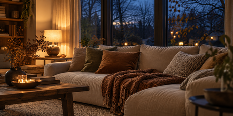 AI-generated concept of a warm living room at autumn dusk