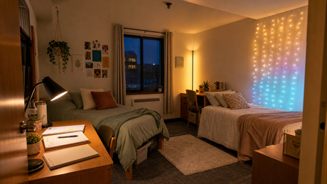 Cozy college dorm room with layered floor, desk, and curtain lighting