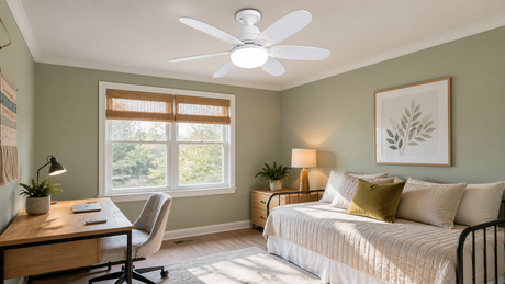 Compact home office and guest room with a six-blade white E27 socket fan light installed on a clear flat ceiling