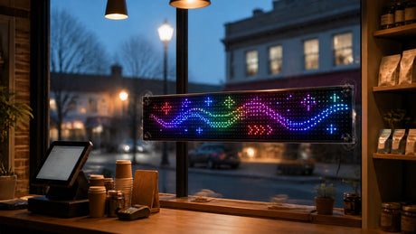 Smart programmable LED sign displayed in a small business storefront