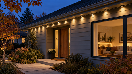 Early-fall home at blue hour with evenly spaced warm-white LED nodes under the eaves and warm indirect lighting indoors