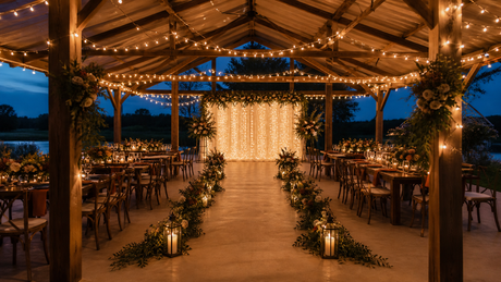 Early-fall pavilion wedding reception with warm-white string lights, a curtain-light backdrop, and a softly illuminated aisle