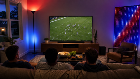 Friends watching a generic football game in a low-glare living room with colorful floor and curtain lighting