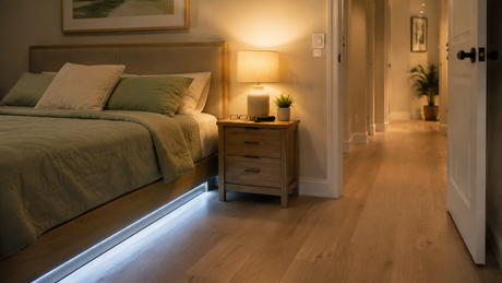 Tidy guest room with a warm bedside lamp, cool-white under-bed strip light, flashlight, and clear route to the hallway
