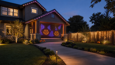 Tasteful Halloween outdoor lighting in purple, amber, and warm white across a house, porch, and fence