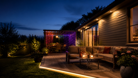 Layered late-summer backyard lighting with warm deck, eave, and colorful curtain lights at dusk