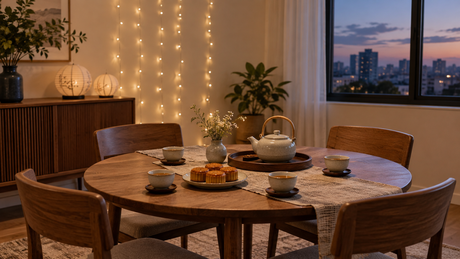 Illustrative indoor Mid-Autumn tea gathering with warm curtain lights behind the dining area
