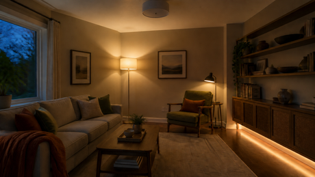 Cozy early-fall living room with the ceiling light off and layered floor, task, and hidden accent lighting