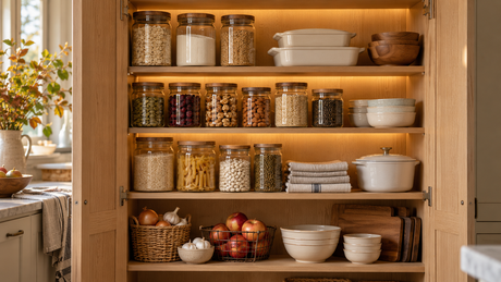 AI-generated concept of organized pantry storage with warm lighting