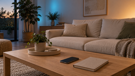 Illustrative softly lit living room with a phone and notebook ready for smart lighting setup