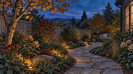 Conceptual illustration of an autumn garden with low accent lights beside a clear stone path