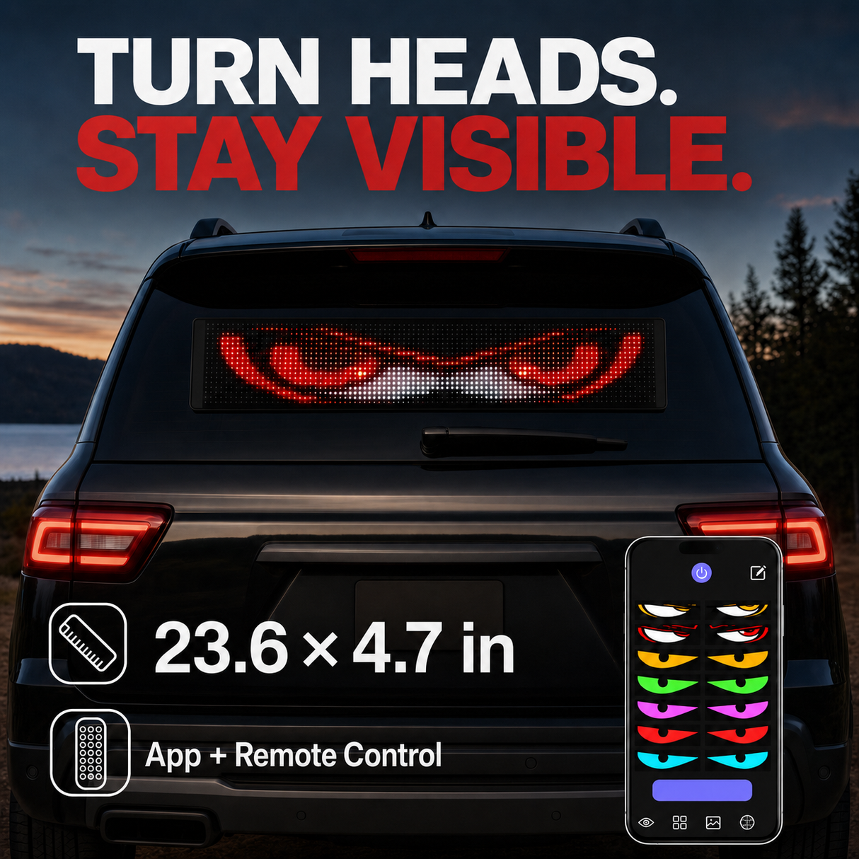 Programmable LED sign displaying red pixel eyes in a car rear window