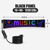 Black 23.6 × 4.7 in programmable RGB LED sign with black USB cable