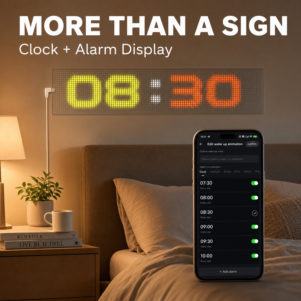 Programmable LED sign used as a colorful clock and alarm display