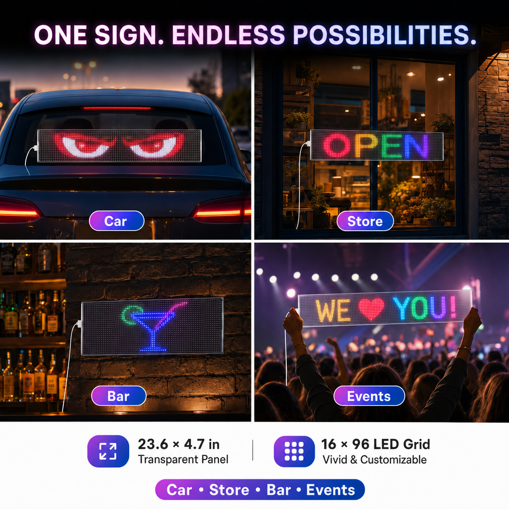 Flexible RGB LED sign used in a car, store, bar, and event