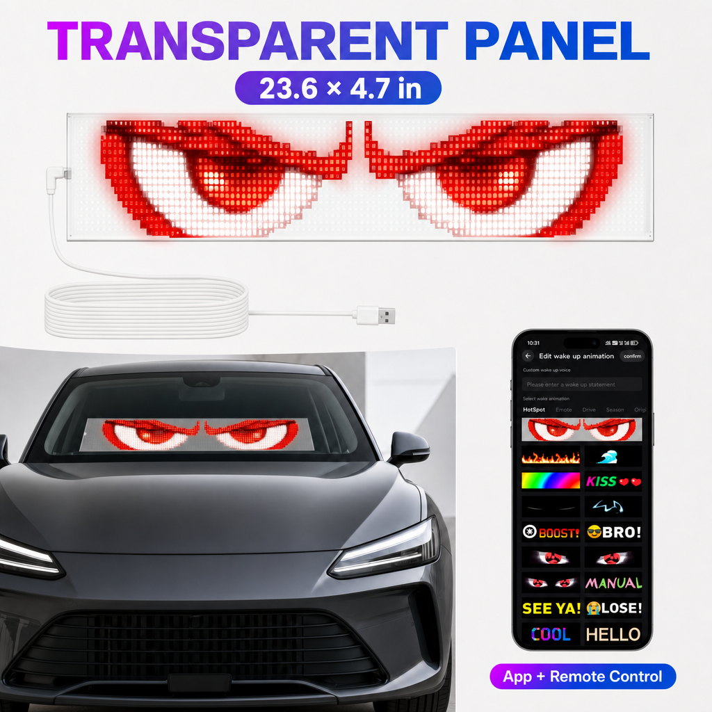 Transparent RGB LED sign for a windshield with app and remote control