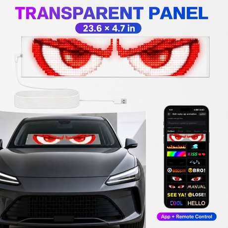 Transparent RGB LED sign for a windshield with app and remote control