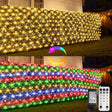 echosari net lights on a hedge in warm white and multicolor settings