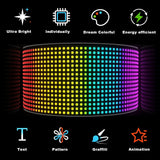 Programmable LED pixel sign showing scrolling text with full-color RGB display