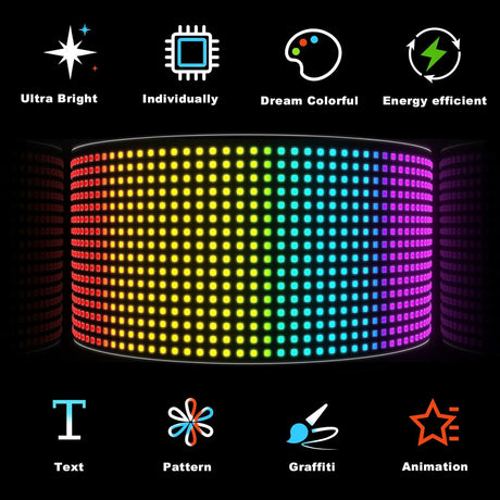 Programmable LED pixel sign showing scrolling text with full-color RGB display