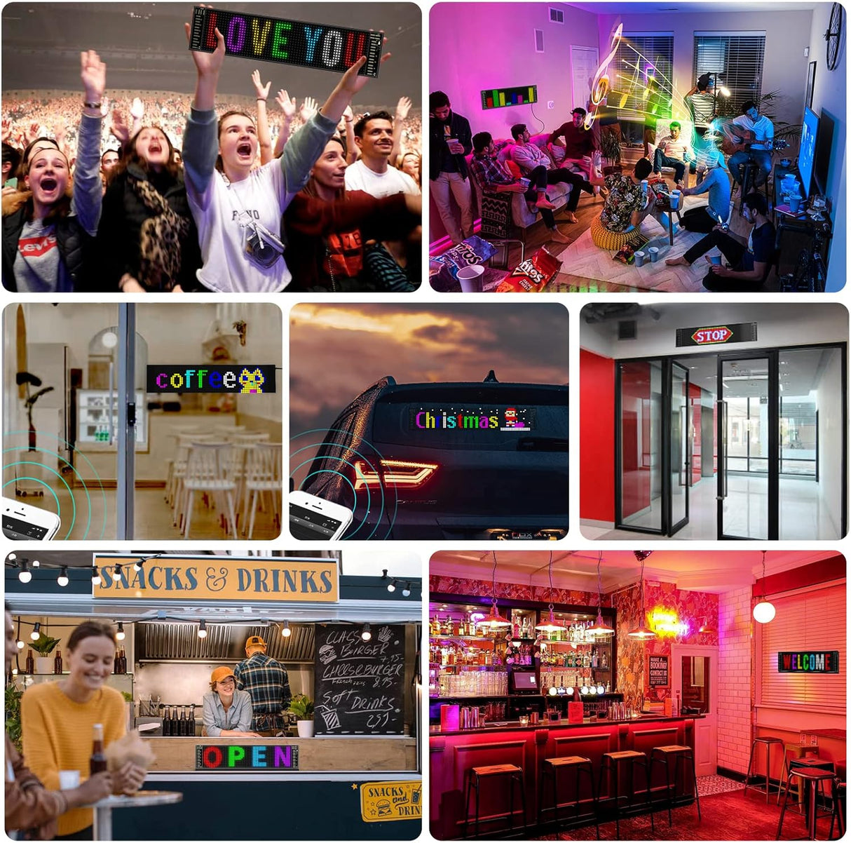 Flexible waterproof IP65 LED sign showing multiple mounting and use options