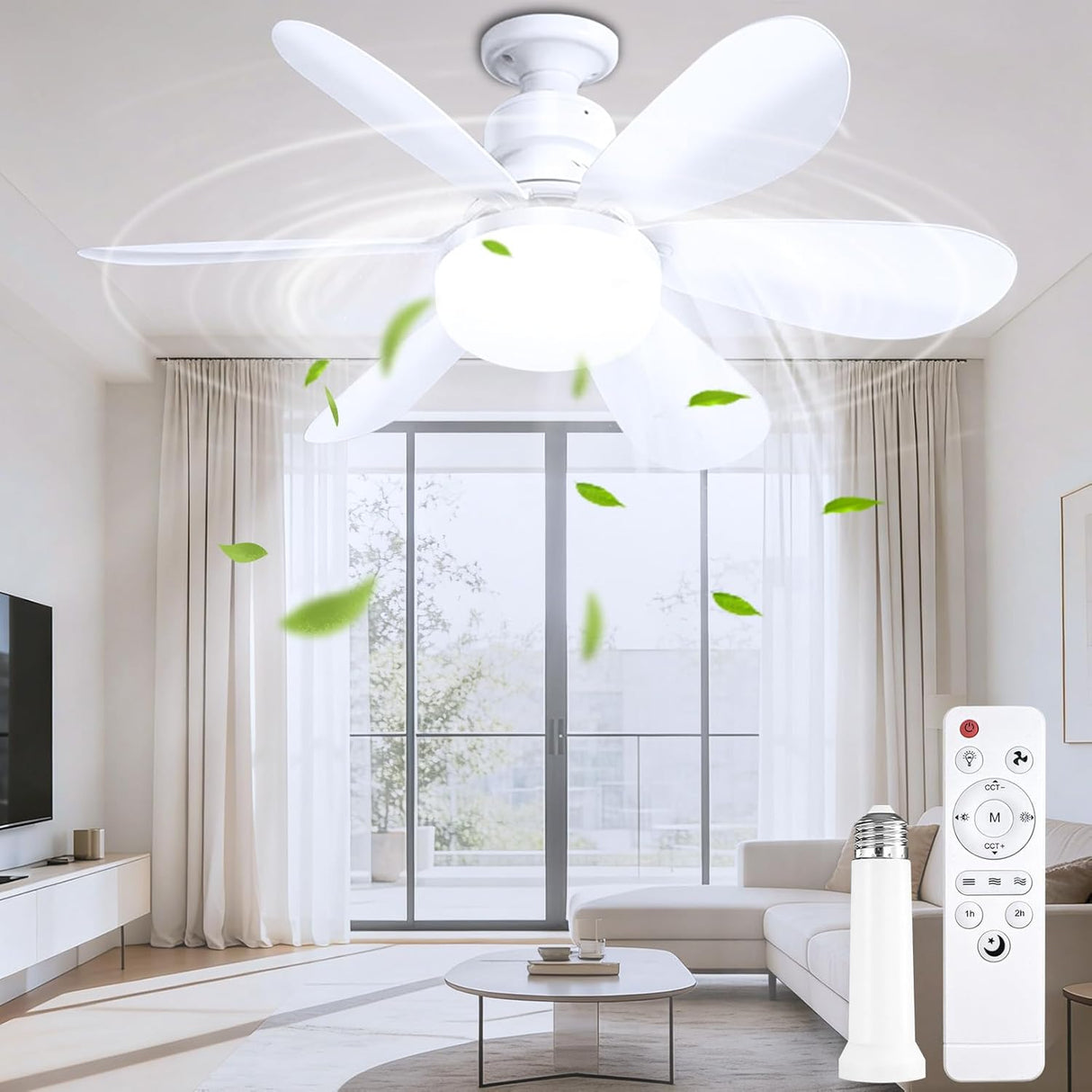 echosari E27 ceiling fan with LED light installed in modern living room with remote control