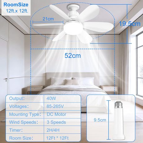 echosari E27 ceiling fan dimensions and specifications - 50cm diameter, 40W, DC motor