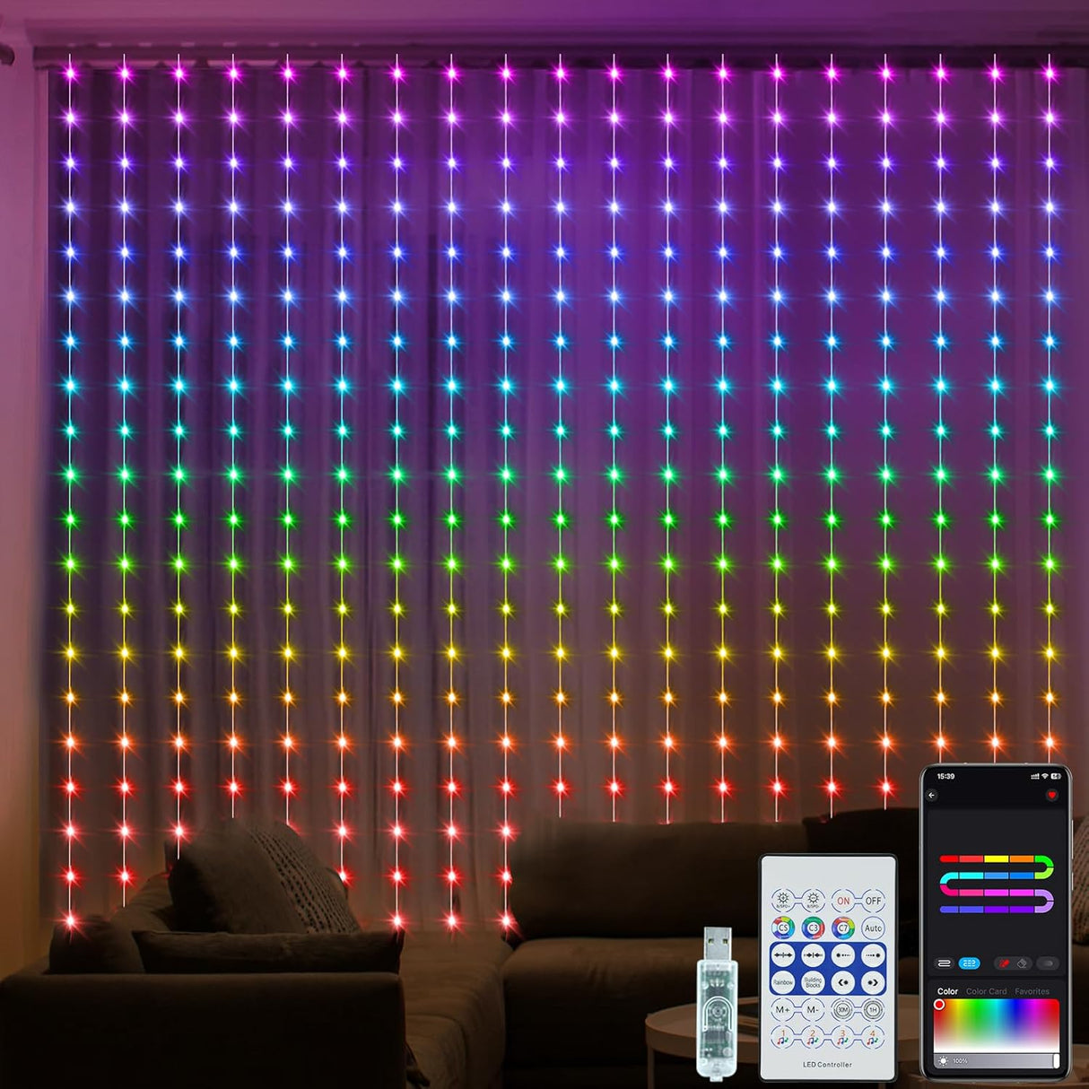 echosari Smart Curtain Lights 6.6ft x 9.8ft 300 LED（with Music Sync APP )