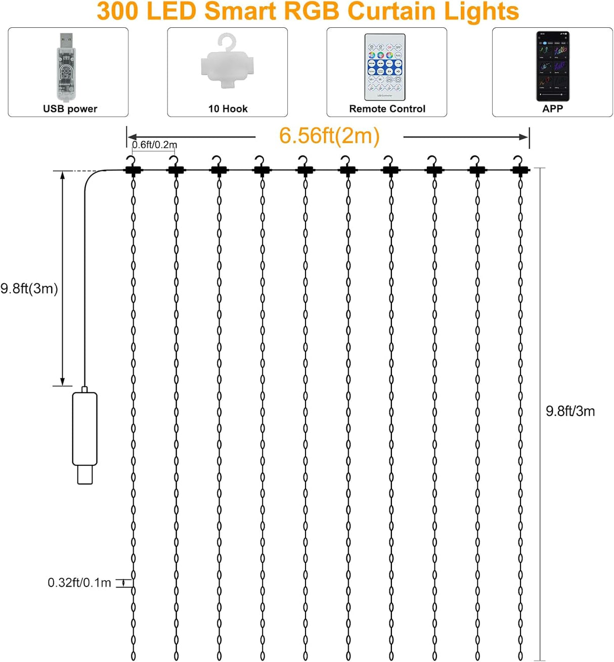 echosari Smart Curtain Lights 6.6ft x 9.8ft 300 LED（with Music Sync APP )