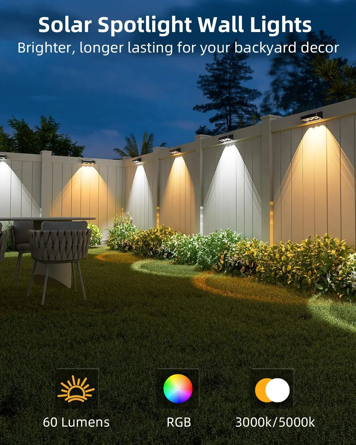 Solar spotlight wall lights with RGB warm and cool white modes