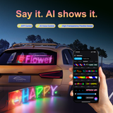 AI Voice Pixel Sign displaying colorful custom text message in vivid RGB colors