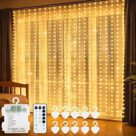 300 LED warm white curtain lights with battery box, remote and hooks