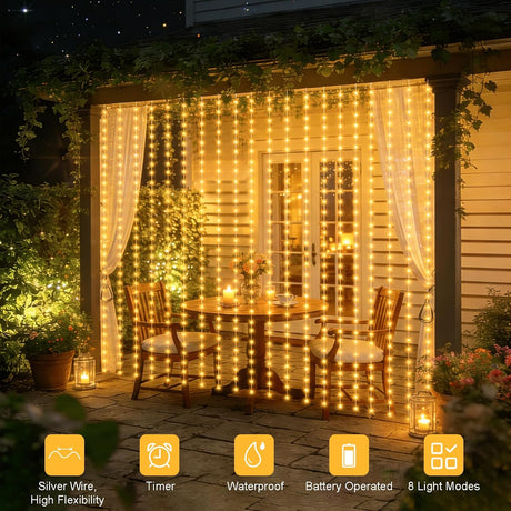 Warm white curtain lights for sheltered patio decor