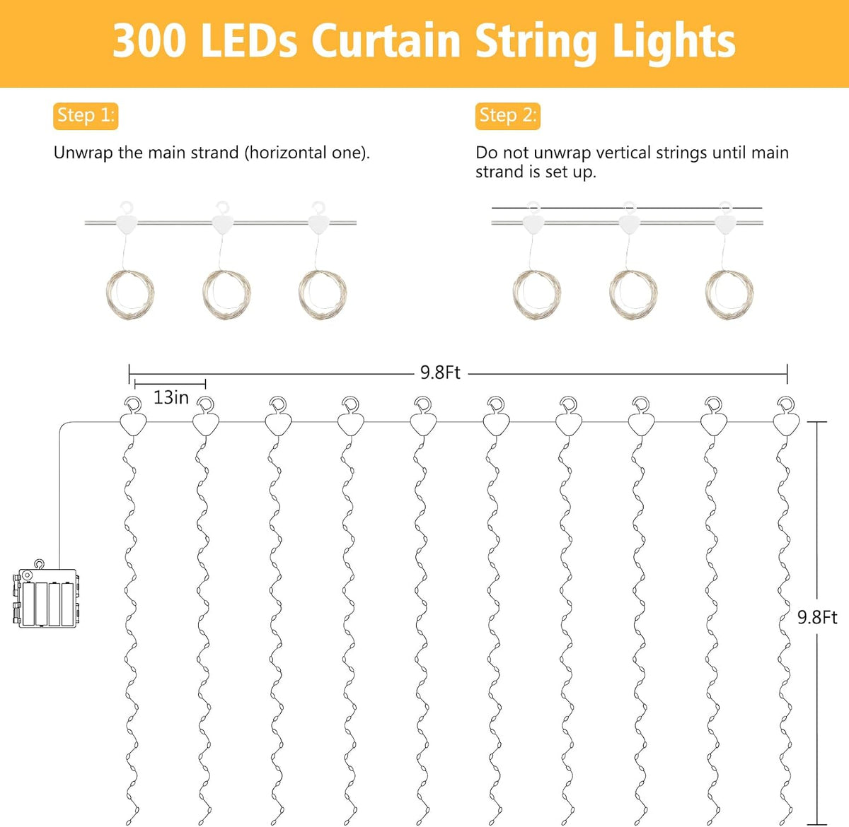 9.8 x 9.8 ft curtain lights dimensions and installation