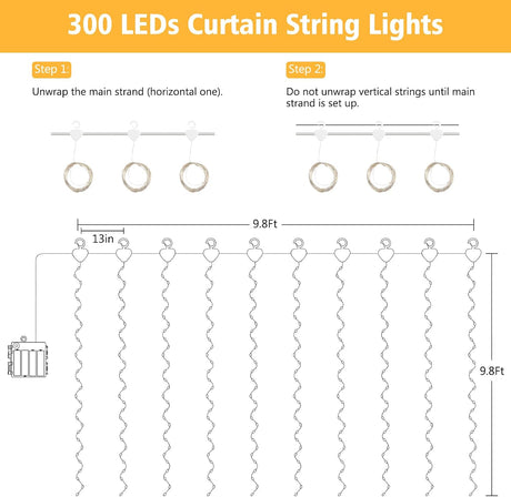 9.8 x 9.8 ft curtain lights dimensions and installation