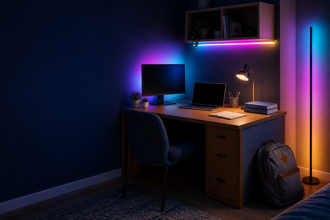 Realistic back-to-school dorm study setup with RGB shelf lighting, monitor backlight and one corner floor lamp