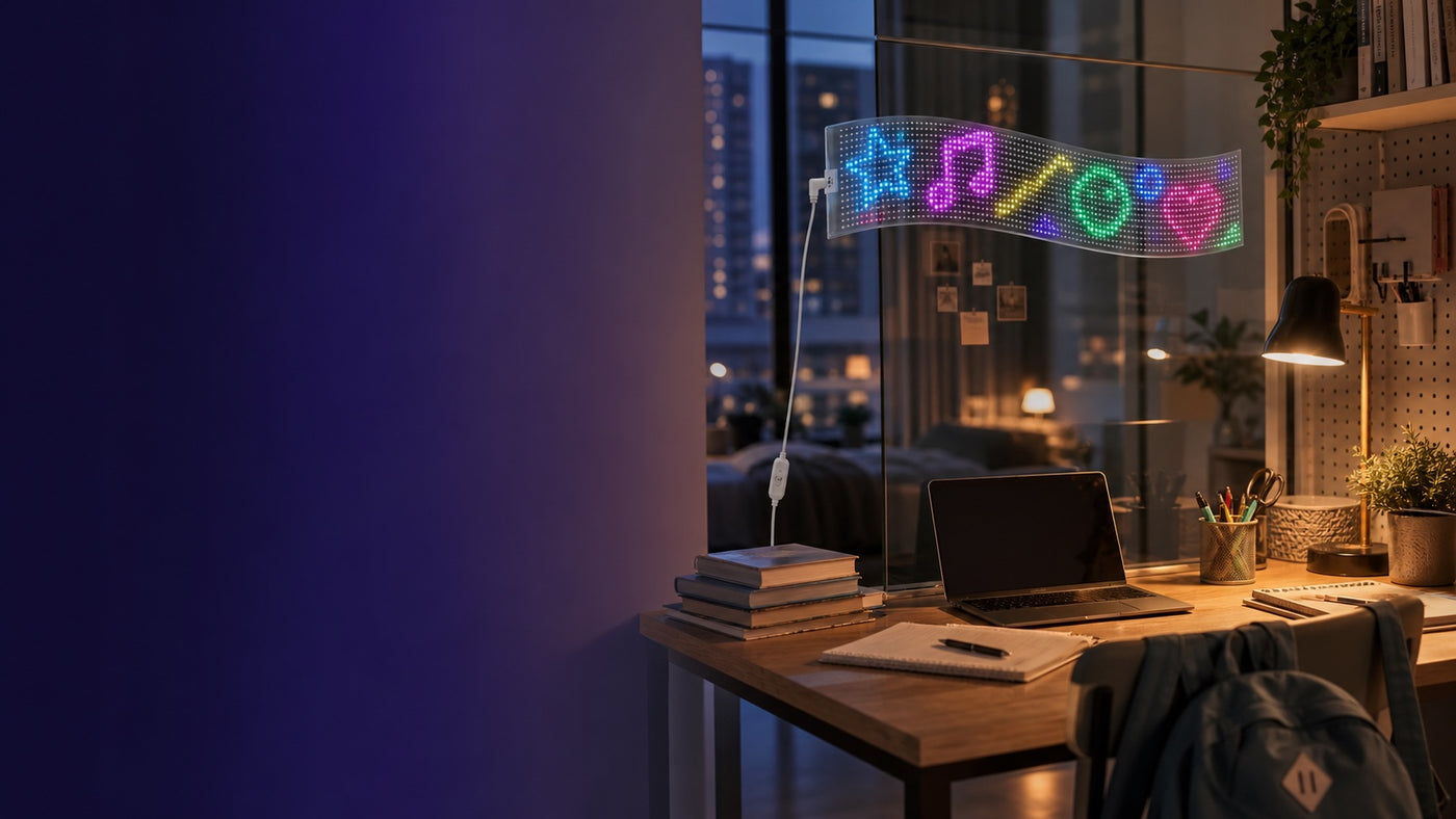 Echosari transparent AI Voice Pixel Message Sign in a college study space