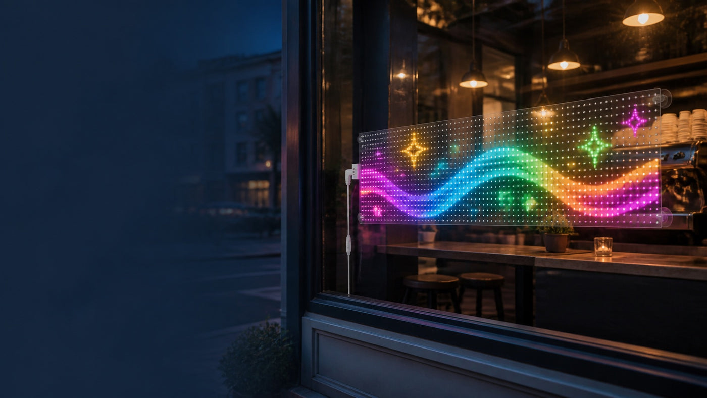 Echosari transparent AI Voice Pixel Message Sign on a storefront window